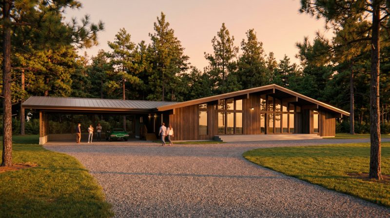 The 2136 house at dusk, showing the wood siding and deep covered entry