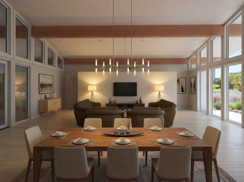 Living and dining space with clerestory glazing and a linear pendant fixture