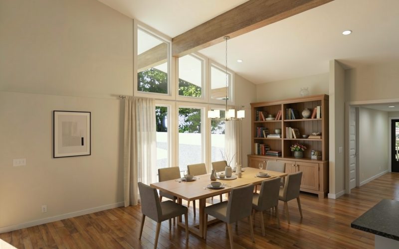 Dining area with clerestory windows and built-in shelving