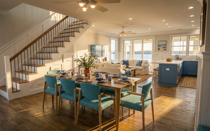 Open living and dining area with a stair to the second floor and water views
