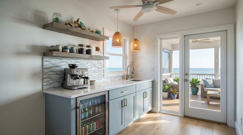 Upper-floor coffee bar with a beverage refrigerator, opening onto the screened balcony