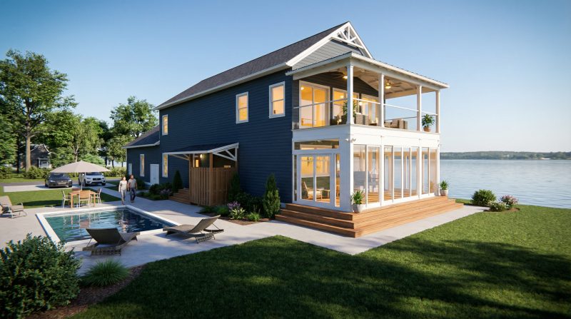 Water-side elevation of the Bay House, with stacked screened porches and a pool terrace