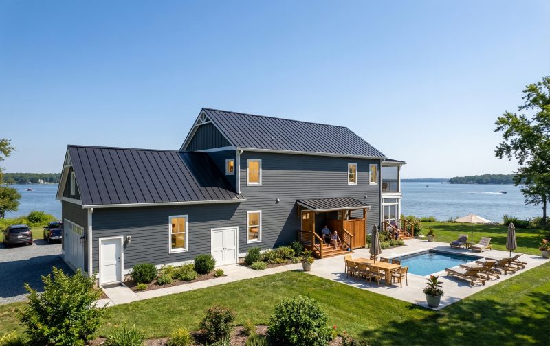 The Bay House from the lawn, with its pool terrace and the Potomac beyond