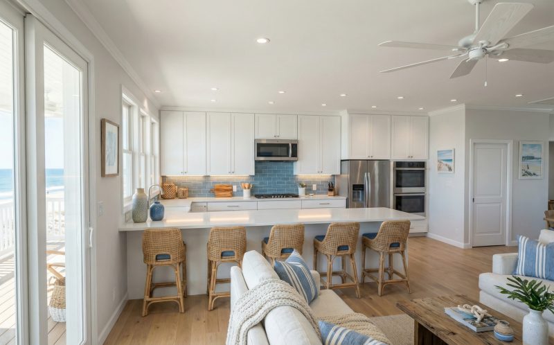 Kitchen with a marble island, woven counter stools and a view toward the water