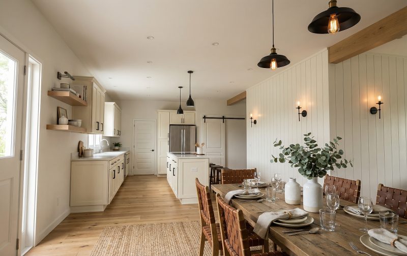 Kitchen and dining area with pendant lighting and vertical shiplap walls