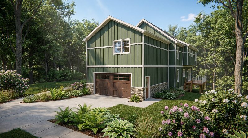 Side-entry garage at the Bellwood house, approached from the driveway