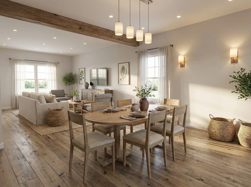 Open living and dining room with an exposed ceiling beam and wide-plank floors