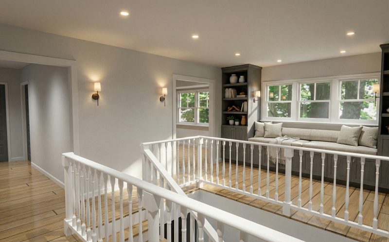 Second-floor loft overlooking the stair, with a built-in window seat