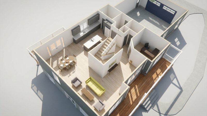 Three-dimensional cutaway of the Bellwood first-floor plan