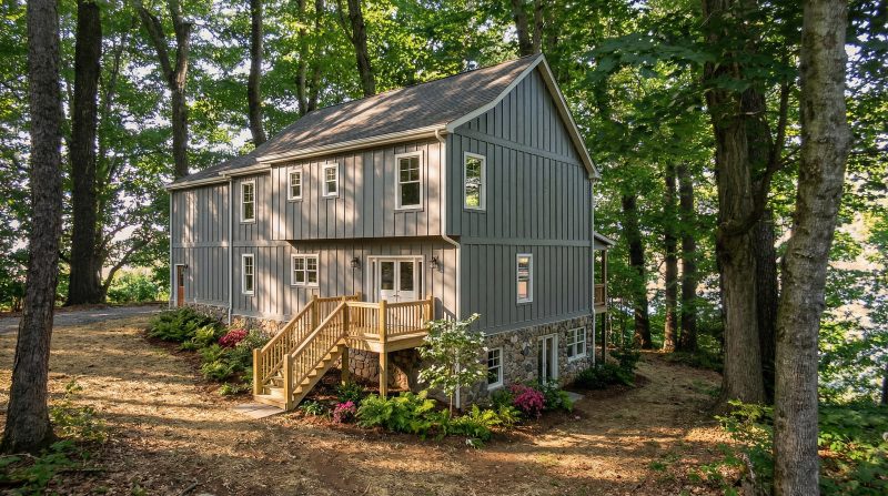 Rear elevation of the Bellwood house, with a walk-out basement and deck stair