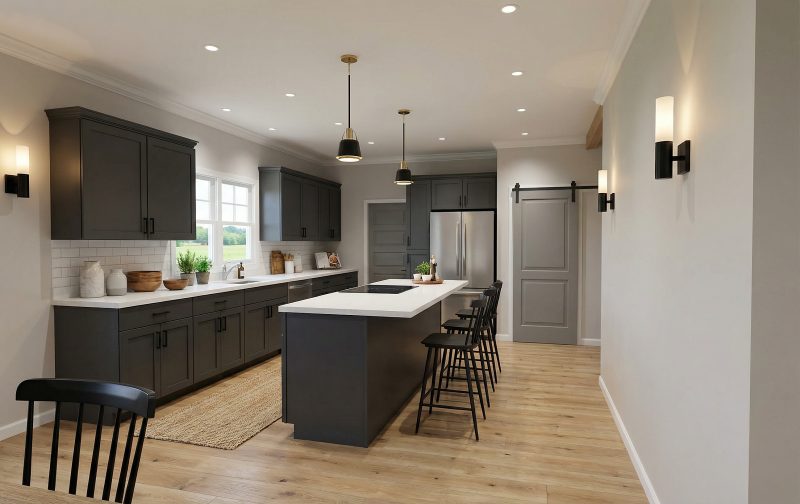 Kitchen with dark cabinetry, a large island and a sliding barn door to the pantry