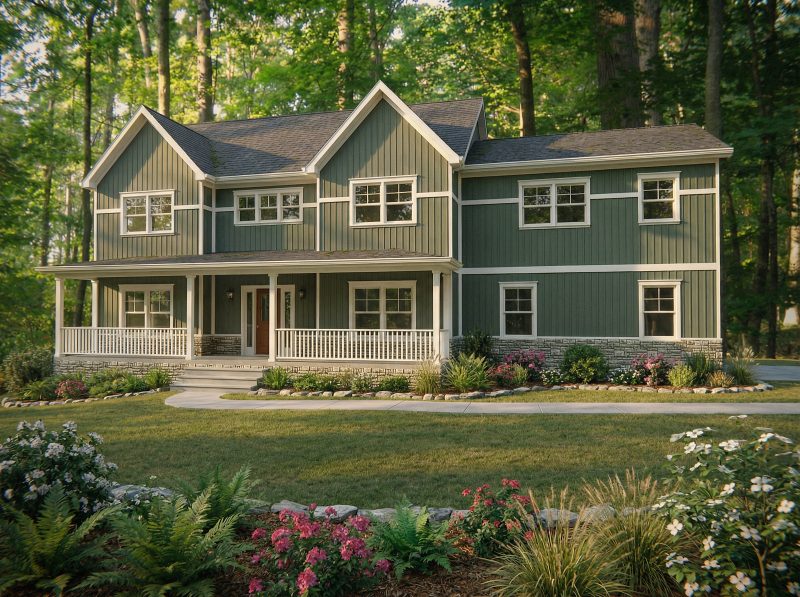 Front elevation of the Bellwood custom home, with a covered porch and board-and-batten siding