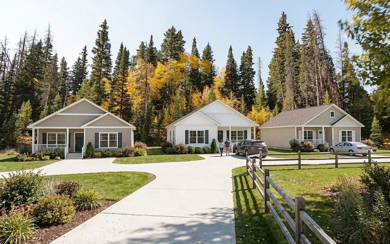 Three homes along the shared driveway at Davies Street, with woods behind