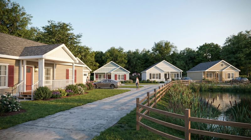 Homes on lots 64 to 67, seen along the split-rail fence beside the pond
