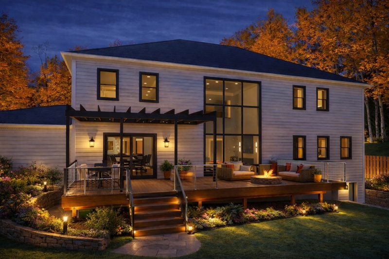 Rear elevation of the Fairfax Residence, with a pergola-covered deck and outdoor fireplace