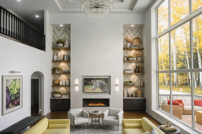 Two-story fireplace flanked by built-in shelving in the Fairfax Residence great room