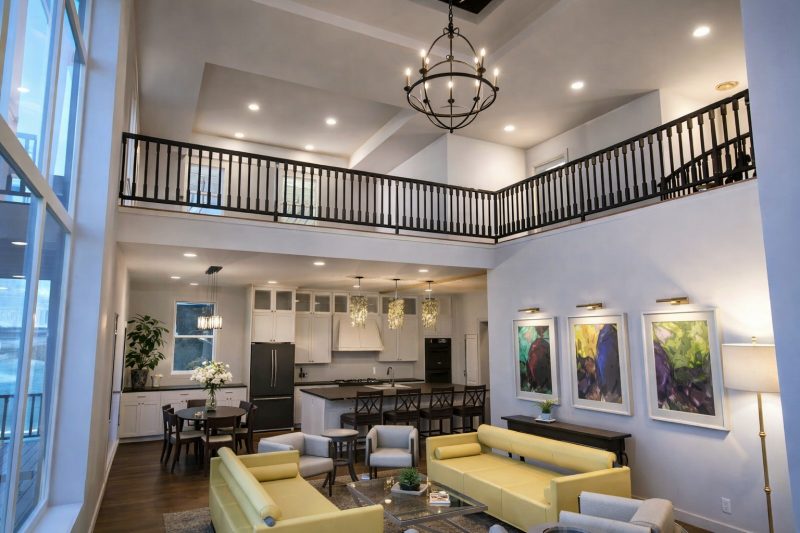 Double-height great room with a second-floor balcony, open to the kitchen beyond