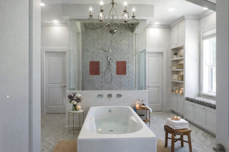 Primary bathroom with a freestanding tub, marble tile and a chandelier