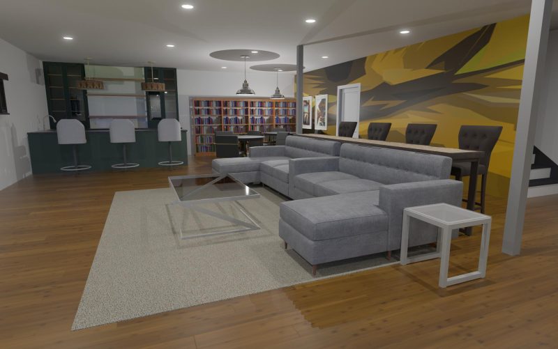 Lower-level lounge and bar at the Fairfax Residence, with a sectional and a graphic wall mural