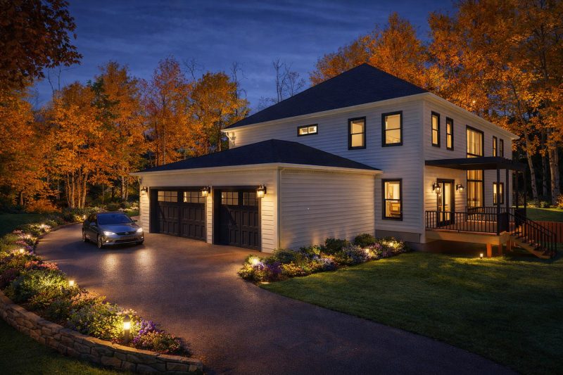 Evening view of the Fairfax Residence garage wing, lit against autumn foliage