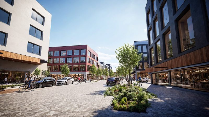 Ground-floor shopfronts and street trees in the Greenbrier mixed-use proposal