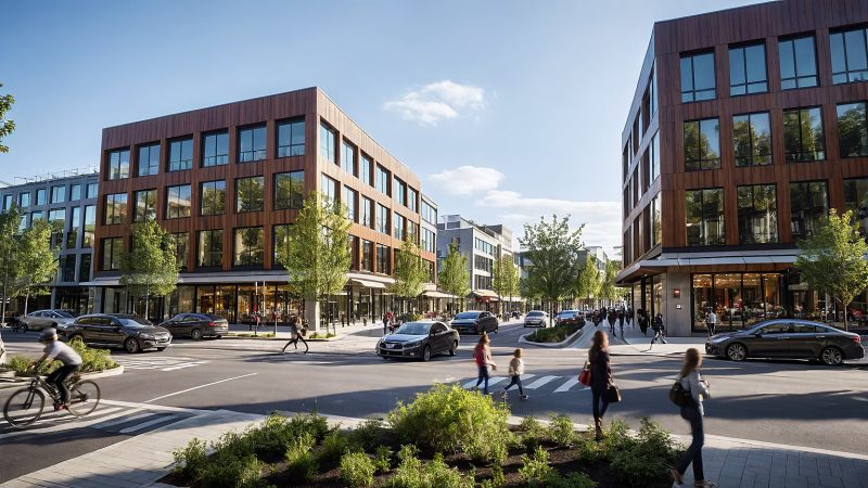 Crosswalk and bike lane at the center of the proposed Greenbrier neighborhood