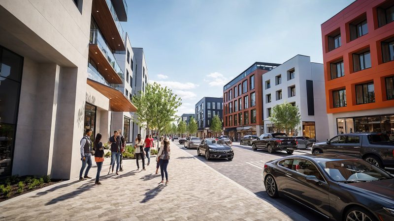 Shoppers on a sidewalk beside a red brick mixed-use building in the Greenbrier proposal