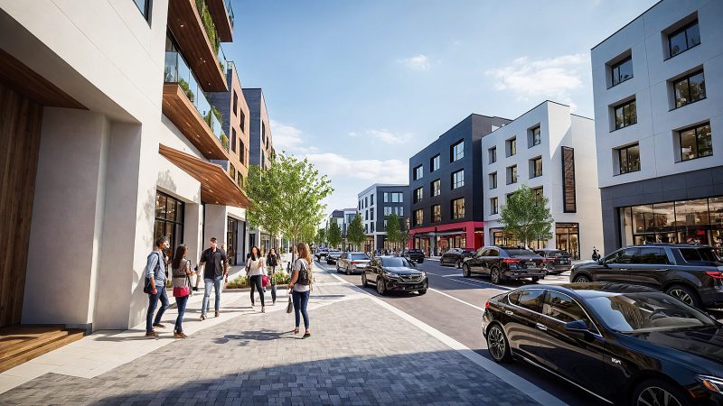 Pedestrians on a tree-lined street between mixed-use buildings in the Greenbrier proposal