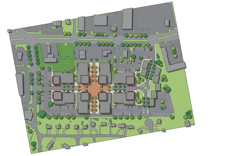 Axonometric site plan for the Greenbrier proposal, with a central plaza and surrounding green space