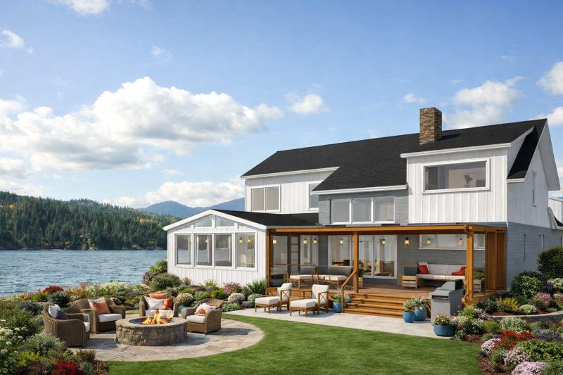 Lake-facing elevation of the Lakeview house, with a fire pit terrace and sunroom overlooking the water