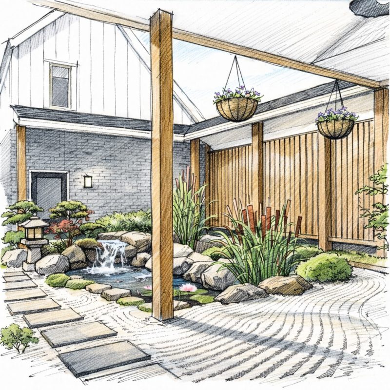 Sketch-style rendering of the Lakeview courtyard, with a timber pergola, water feature and raked gravel garden