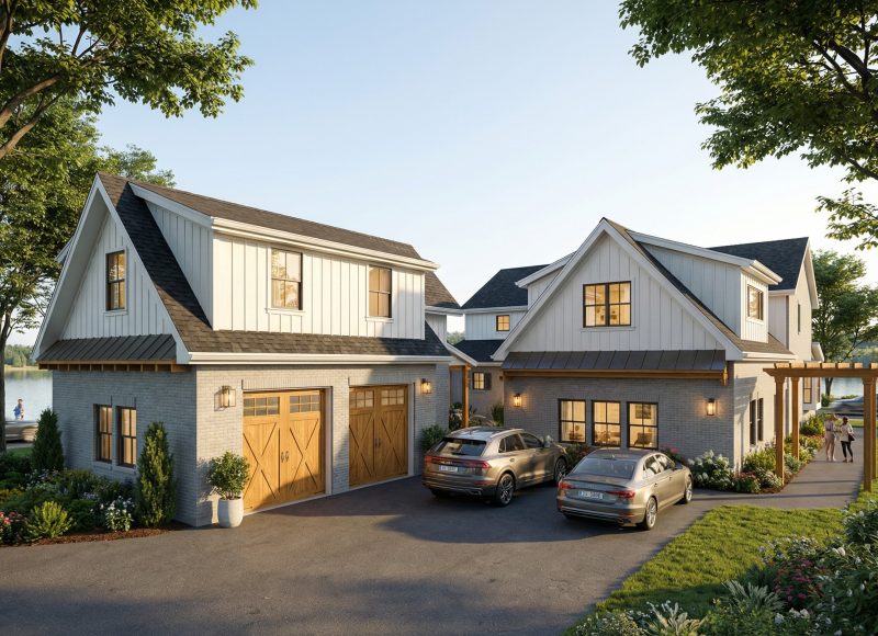 Detached garage with the one-bedroom ADU above, seen from the Lakeview driveway