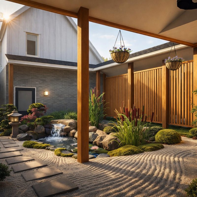 Rendering of the Lakeview courtyard at golden hour, with a waterfall, stepping stones and a slatted wood screen