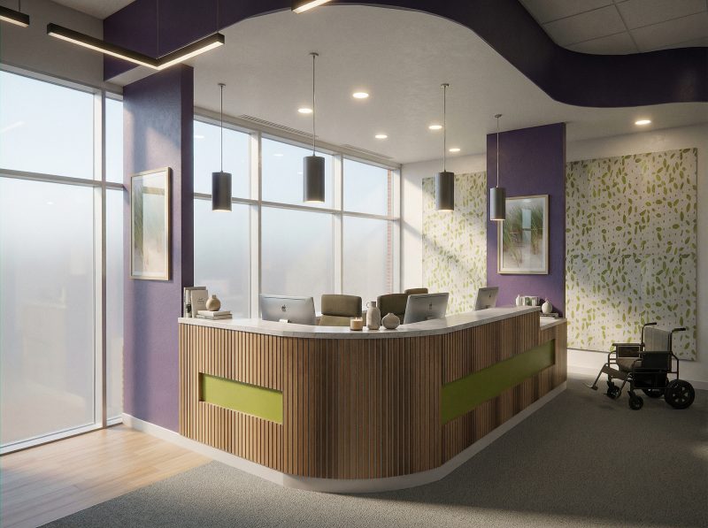 Curved reception desk with a wood-slat front, under a purple soffit and pendant lighting