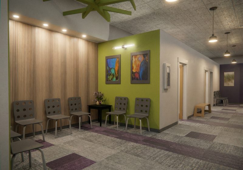 Waiting area with a slatted wood wall, patterned carpet tile and a row of chairs