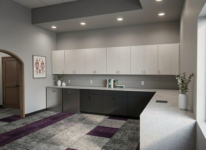 Staff work counter with white upper cabinets and an anatomy chart on the wall