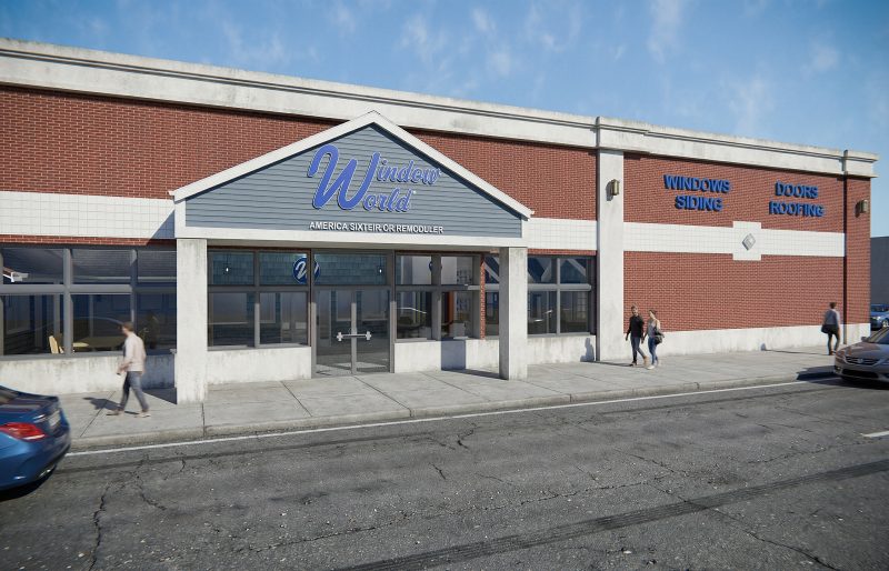 Rendering of the completed Window World storefront with pedestrians on the sidewalk