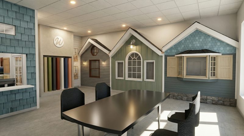 Siding sample display and full-scale house facades along the showroom wall